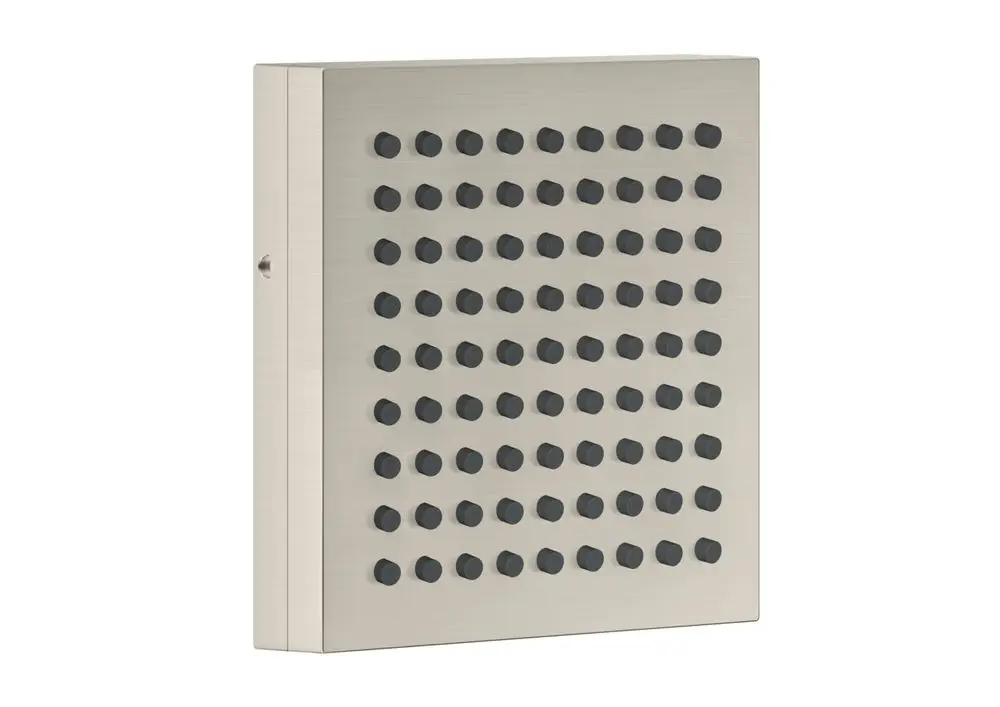 Edelstahl-Duschpaneel von AXOR mit symmetrischem Design, versehen mit vielen kleinen, runden Düsen zur Wassertropfenverteilung auf der Vorderseite.